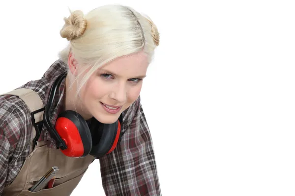 Blond mason with ear protection — Stock Photo, Image