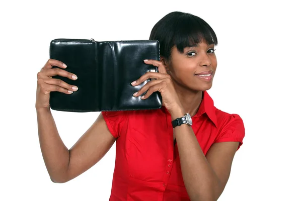 Woman with a leather personal organiser — Stock Photo, Image