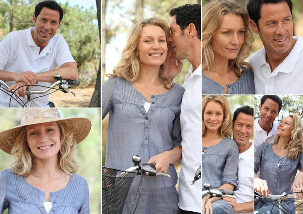 Montage of a couple with bikes in the countryside — Stock Photo, Image