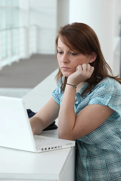 Brunette tiener zich te concentreren op het computerscherm — Stockfoto