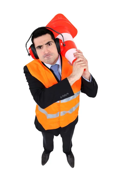 Angry man with traffic cone — Stock Photo, Image