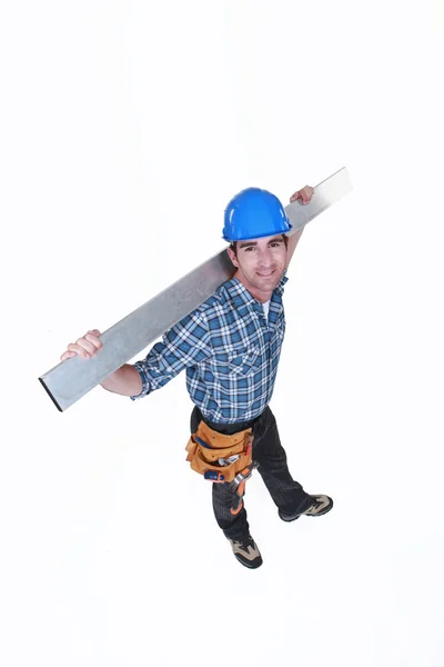 High angle shot of carpenter all smiles — Stock Photo, Image