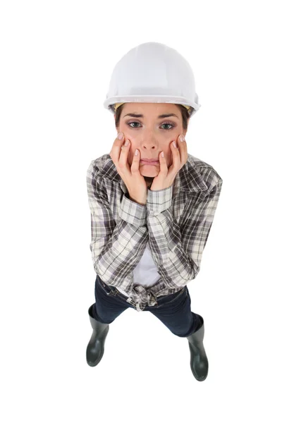 Trabalhadora da construção feminina perturbada — Fotografia de Stock
