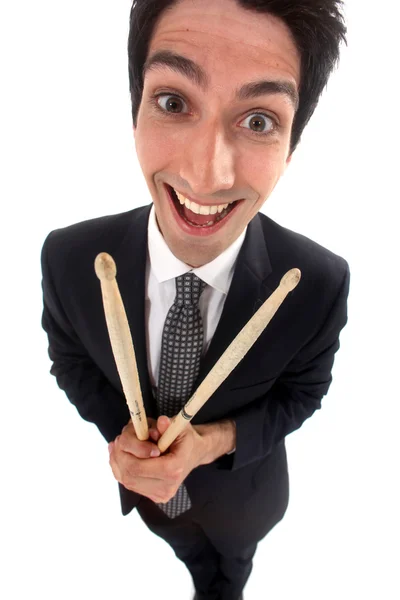 Empresário segurando bastões de tambor — Fotografia de Stock