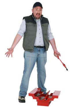 Annoyed tradesman looking for a lost tool clipart