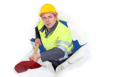 Worker with ax busting through background clipart