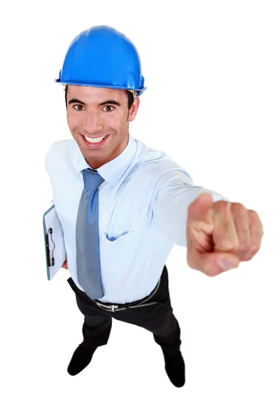 Enthusiastic engineer pointing upwards — Stock Photo, Image