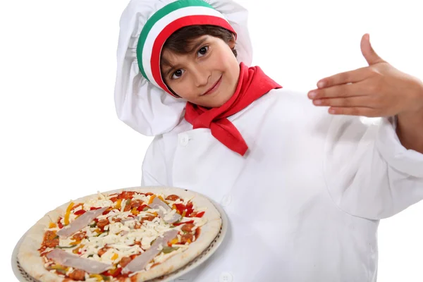 Gyerek öltözött pizza szakács — Stock Fotó