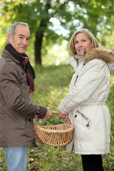 Couple walking through field with basket Royalty Free Stock Photos