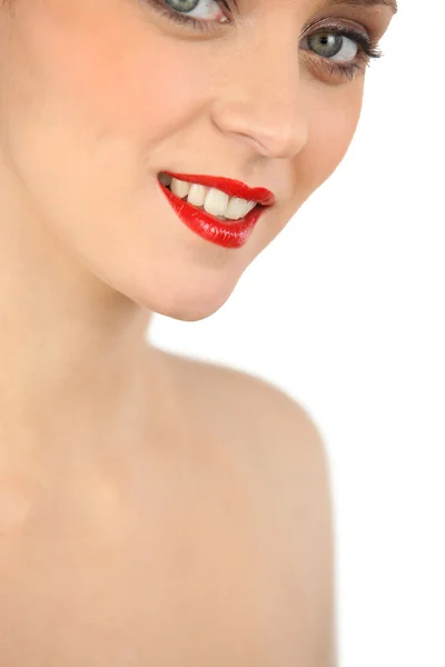 Portrét ob žena nosí červenou rtěnku — Stock fotografie