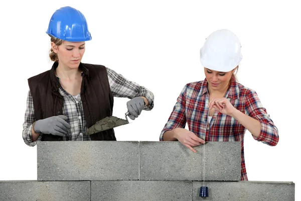 Due muratori donne che lavorano su un muro . — Foto Stock