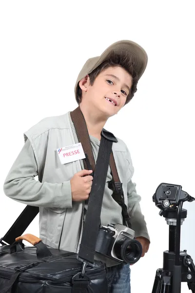 Portrét kluk oblečený jako fotograf — Stock fotografie