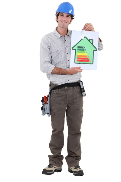 Een bouwvakker bevordering van energiebesparing. — Stockfoto