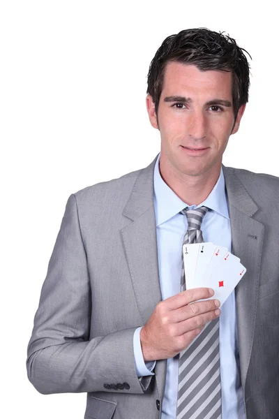 Poker kartları ile siyah adam — Stok fotoğraf