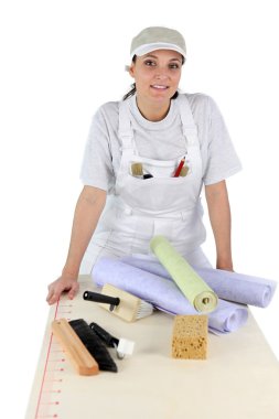 Woman with upholstery tools clipart
