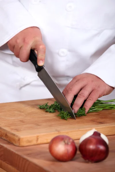 Chef cortando salsa — Fotografia de Stock