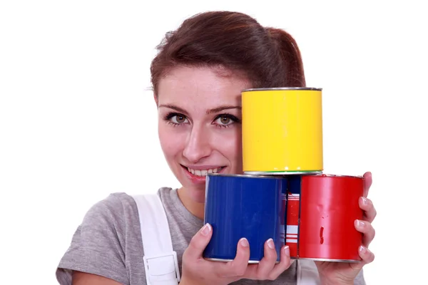 Pintor com latas de tinta — Fotografia de Stock