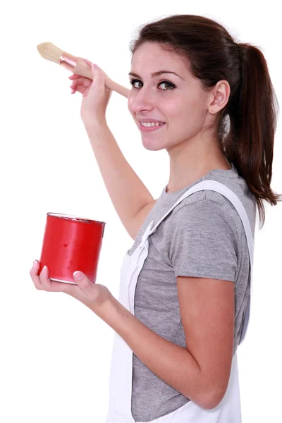 Bruneta s červenou plechovkou — Stock fotografie