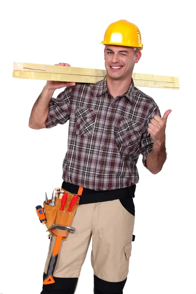 Trabalhador da construção satisfeito em fundo branco — Fotografia de Stock