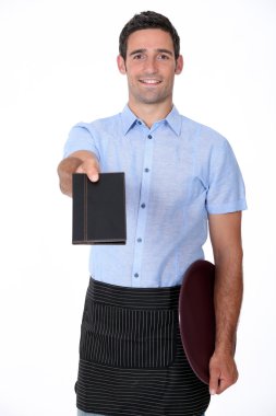 A waiter giving back a wallet clipart