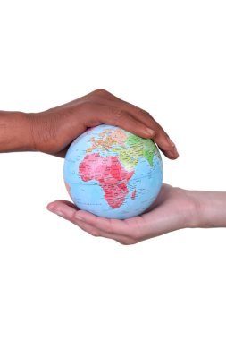 Black and white hands holding globe clipart