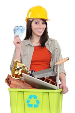 Woman making money by recycling clipart