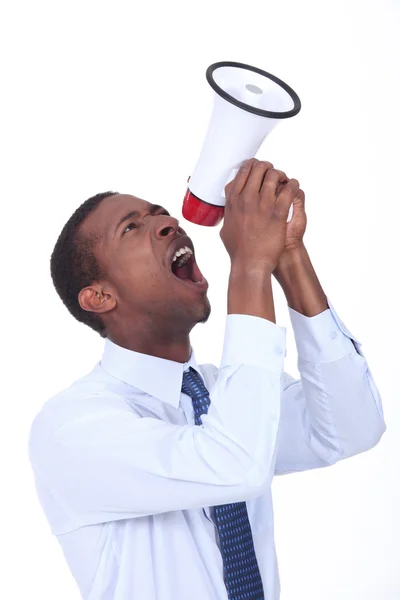 Businessman with a loudspeaker — Stock Photo, Image