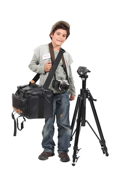 A kis fiú öltözött hír operatőr — Stock Fotó