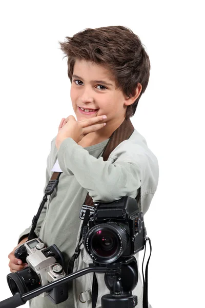 Malý chlapec, oblečený jako kameraman — Stock fotografie