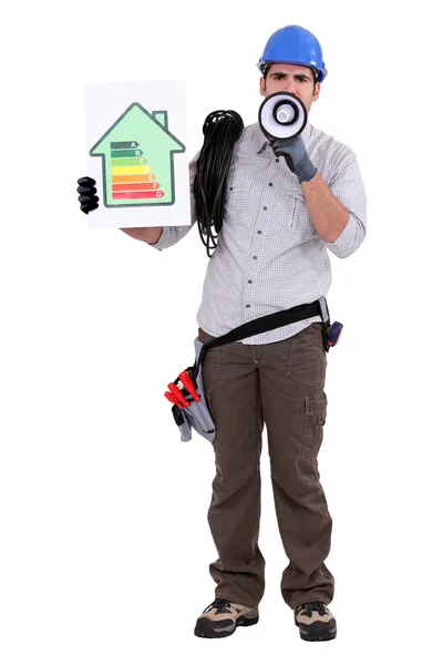 Elettricista con cartello di efficienza energetica e megafono — Foto Stock