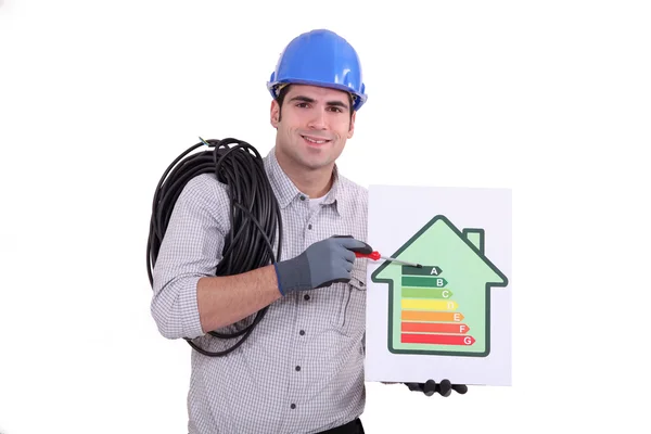 Hantverkare innehar en energi förbrukningen etikett — Stockfoto
