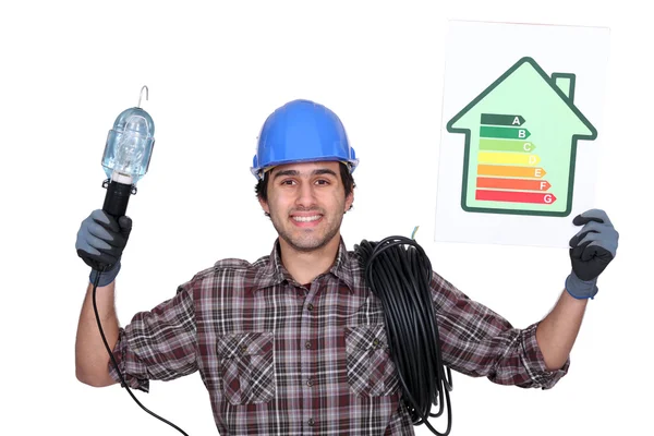 Ηλεκτρολόγο με μια πινακίδα βαθμολογία ενέργειας σπίτι — Φωτογραφία Αρχείου