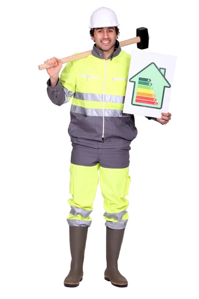 建筑工人与能源评级卡 — 图库照片