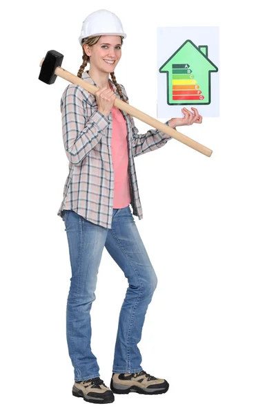 Woman with energy rating sign — Stock Photo, Image