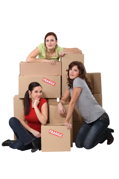 Vänner med packning lådor — Stockfoto