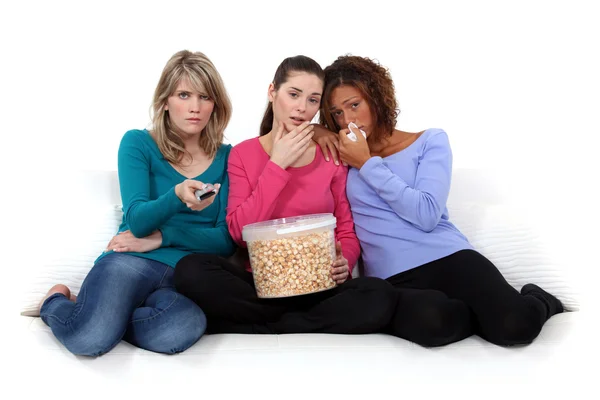 Trio of girls crying over sad movie — Stock Photo, Image