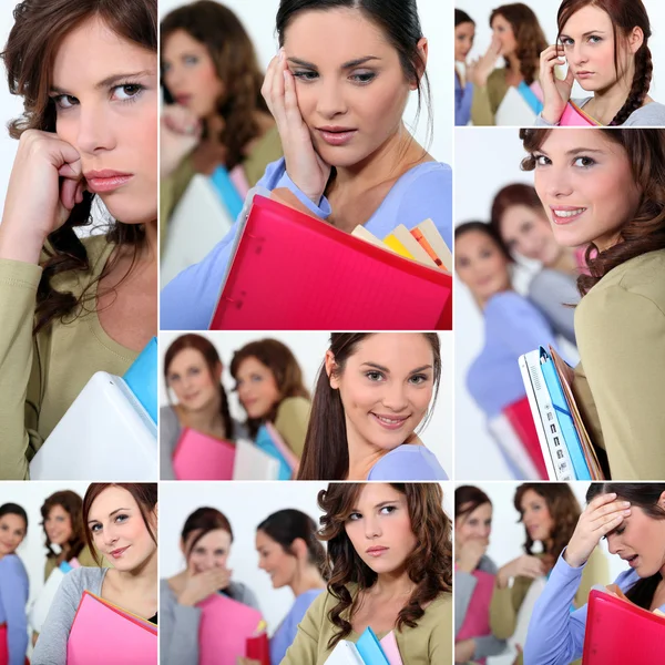 Montagem de estudantes do sexo feminino preocupados com exames — Fotografia de Stock