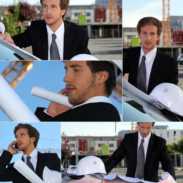 Montage of graduate architect working on site — Stock Photo, Image