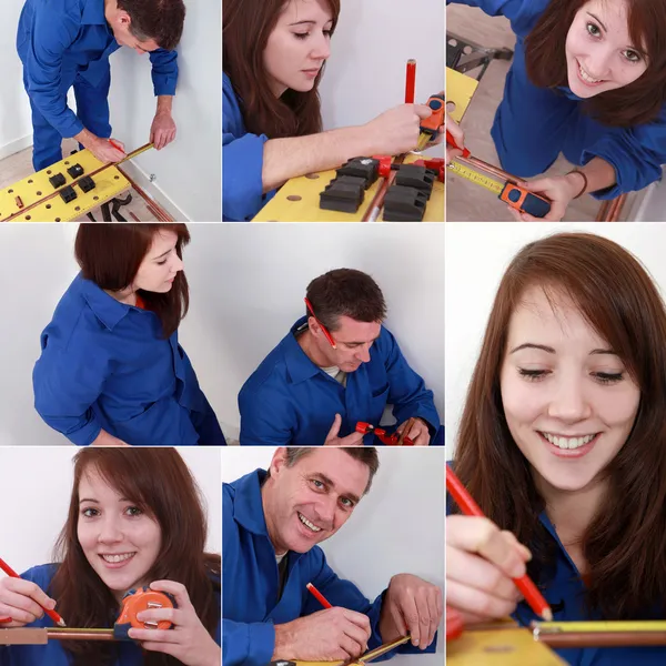 Montage of two plumbers preparing to cut pipe — Stock Photo, Image
