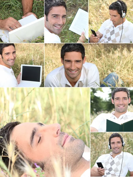 Montage van een man ontspannen in het gras — Stockfoto