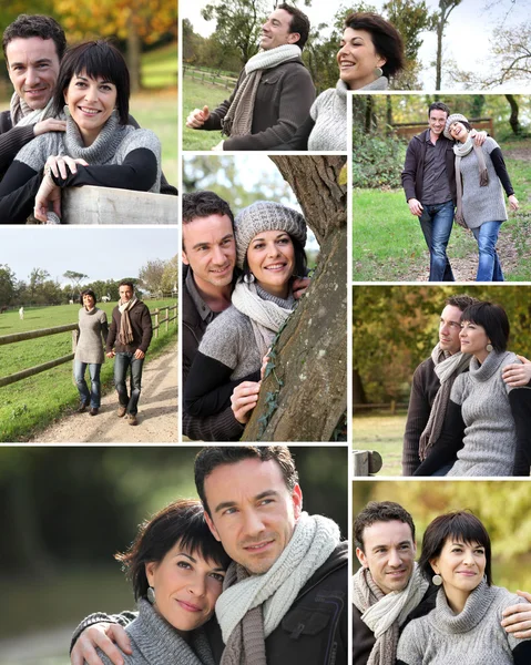 Montage of married couple walking through the park in autumn Stock Photo