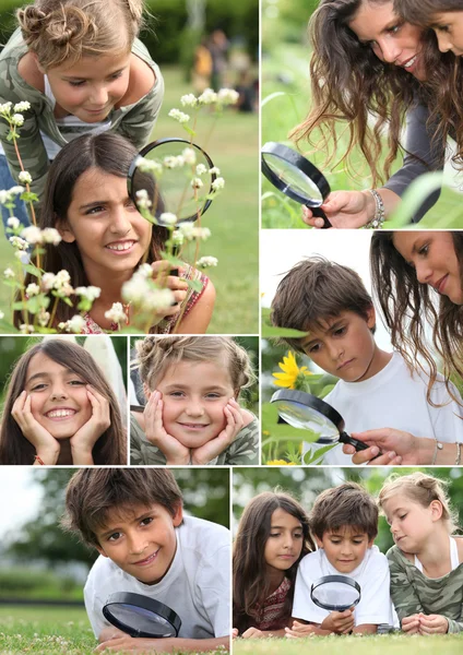Collage de niños usando una lupa al aire libre — Foto de Stock