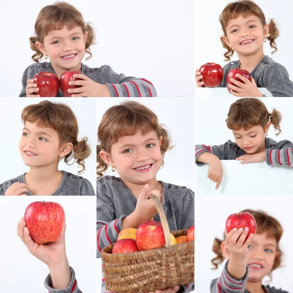 Colagem de uma menina segurando maçãs — Fotografia de Stock