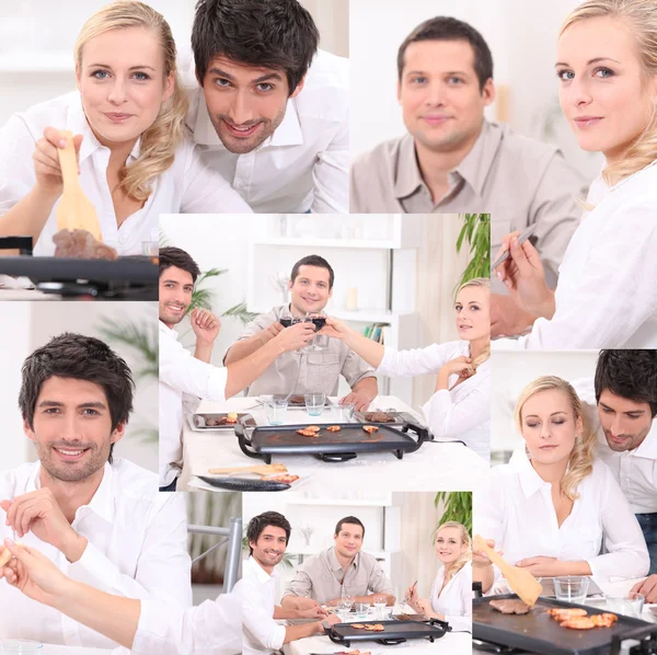 Montage of friends eating dinner at home — Stock Photo, Image