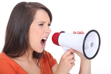 Angry woman screaming in speakerphone clipart