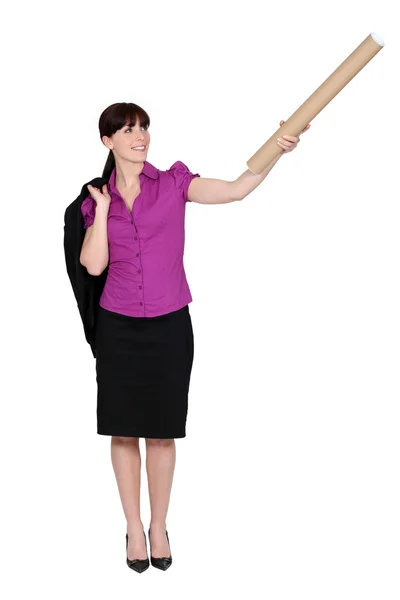 Businesswoman with cardboard tube — Stock Photo, Image