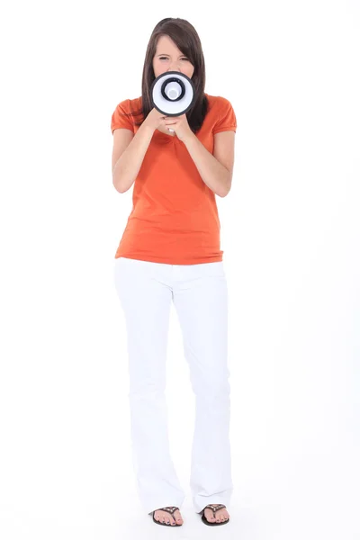 Woman with a loudspeaker — Stock Photo, Image