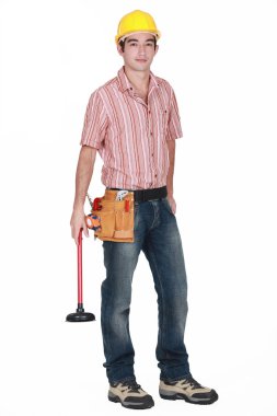 Plumber holding a plunger clipart