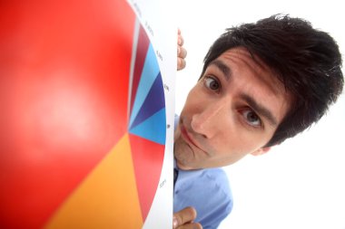 Worried man looking at a pie chart clipart