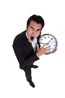Man shouting with watch in hand clipart